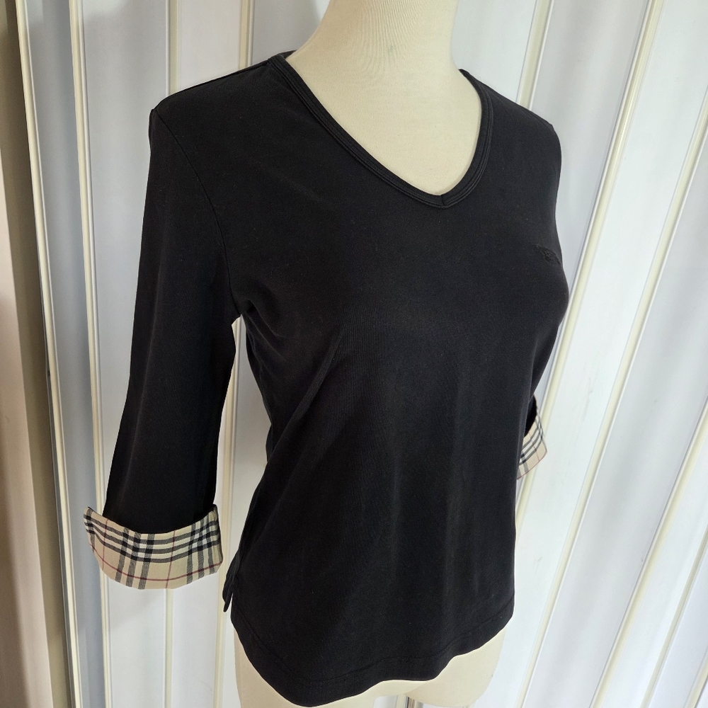 Burberry Black Long Sleeve V-Neck Top with Signature Check Cuffs